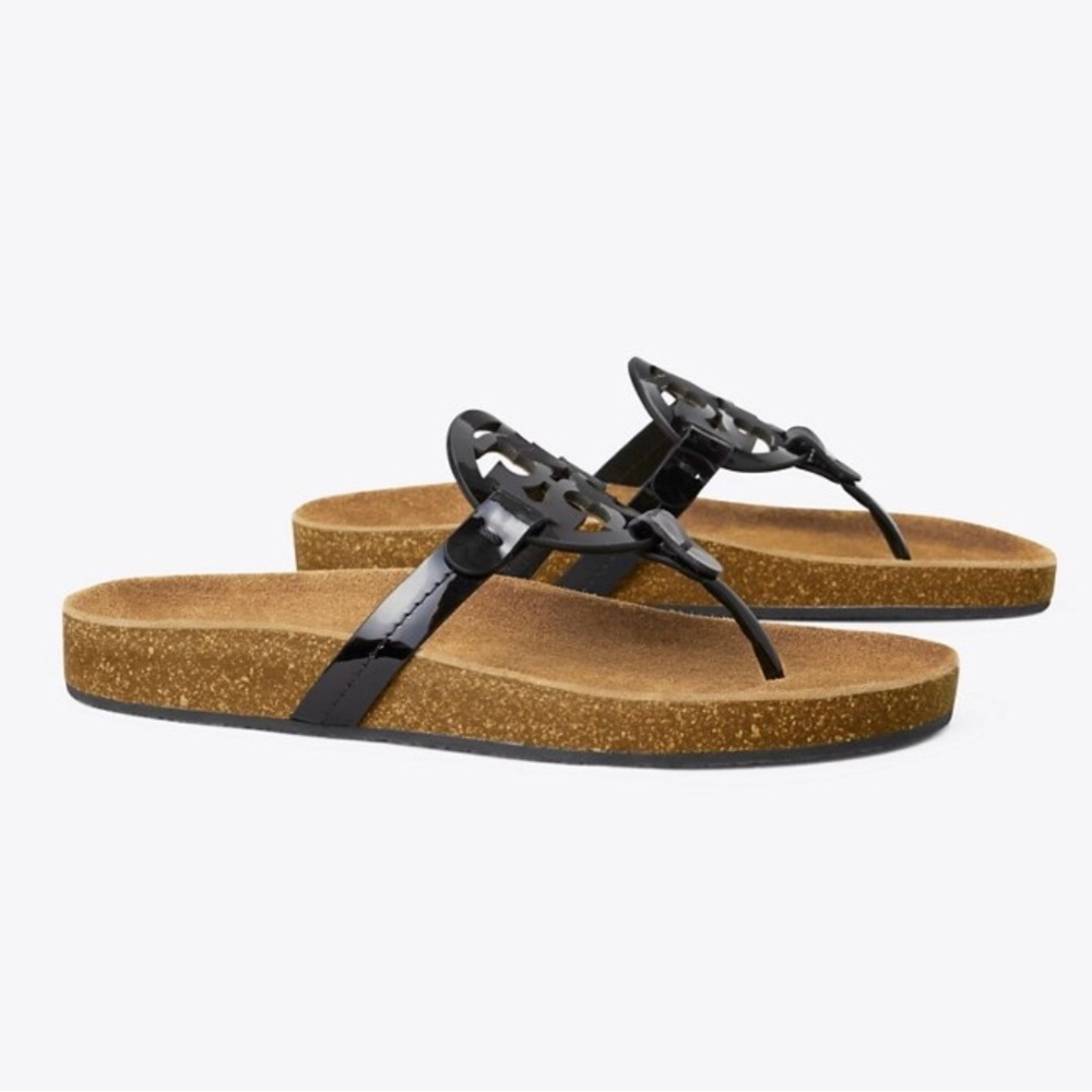 Tory Burch Miller Cloud Sandal in Black Patent with cork footbed sz 8.5